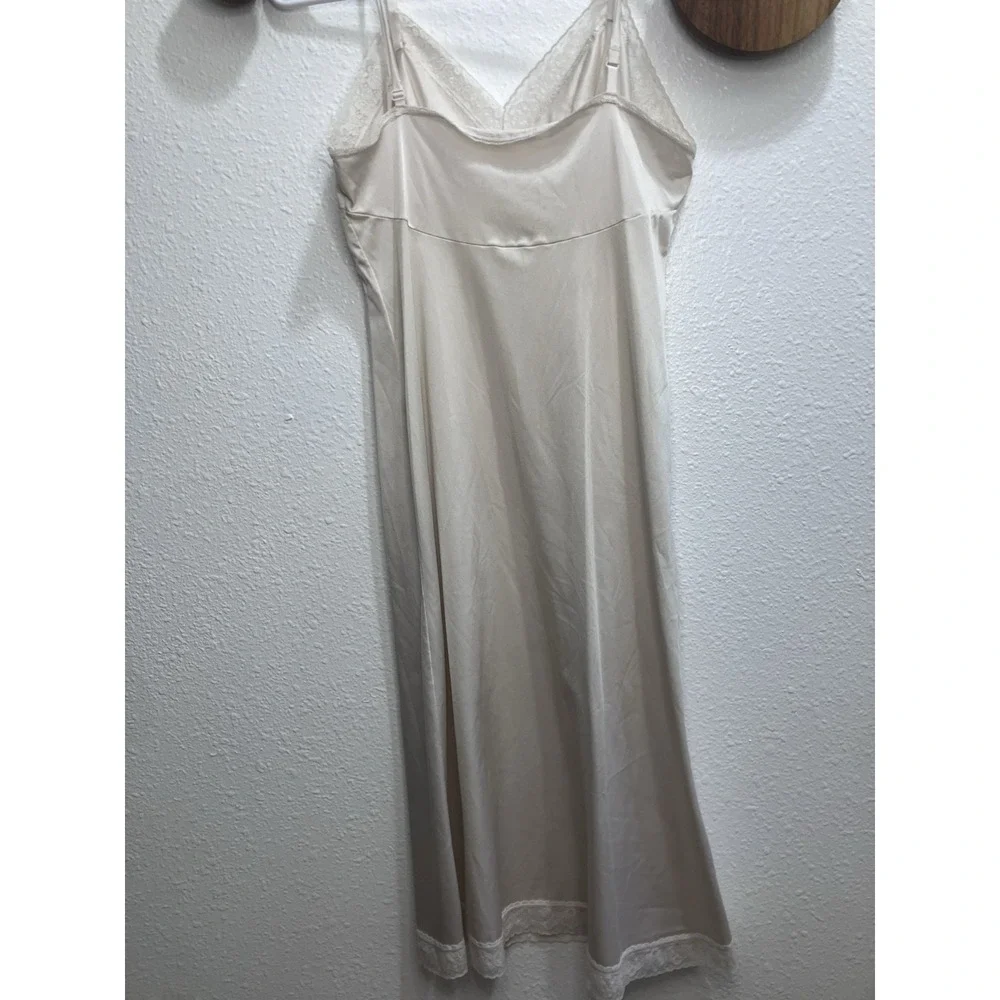 Vintage Ivory Silky Full Slip Dress Midi Size Small Lace Adjustable Straps